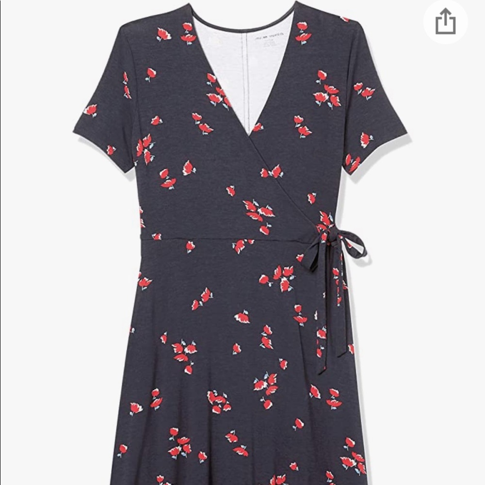 Amazon Essentials Women's Cap-Sleeve Faux-Wrap Dress in Navy/Red, Leaf/Tulips